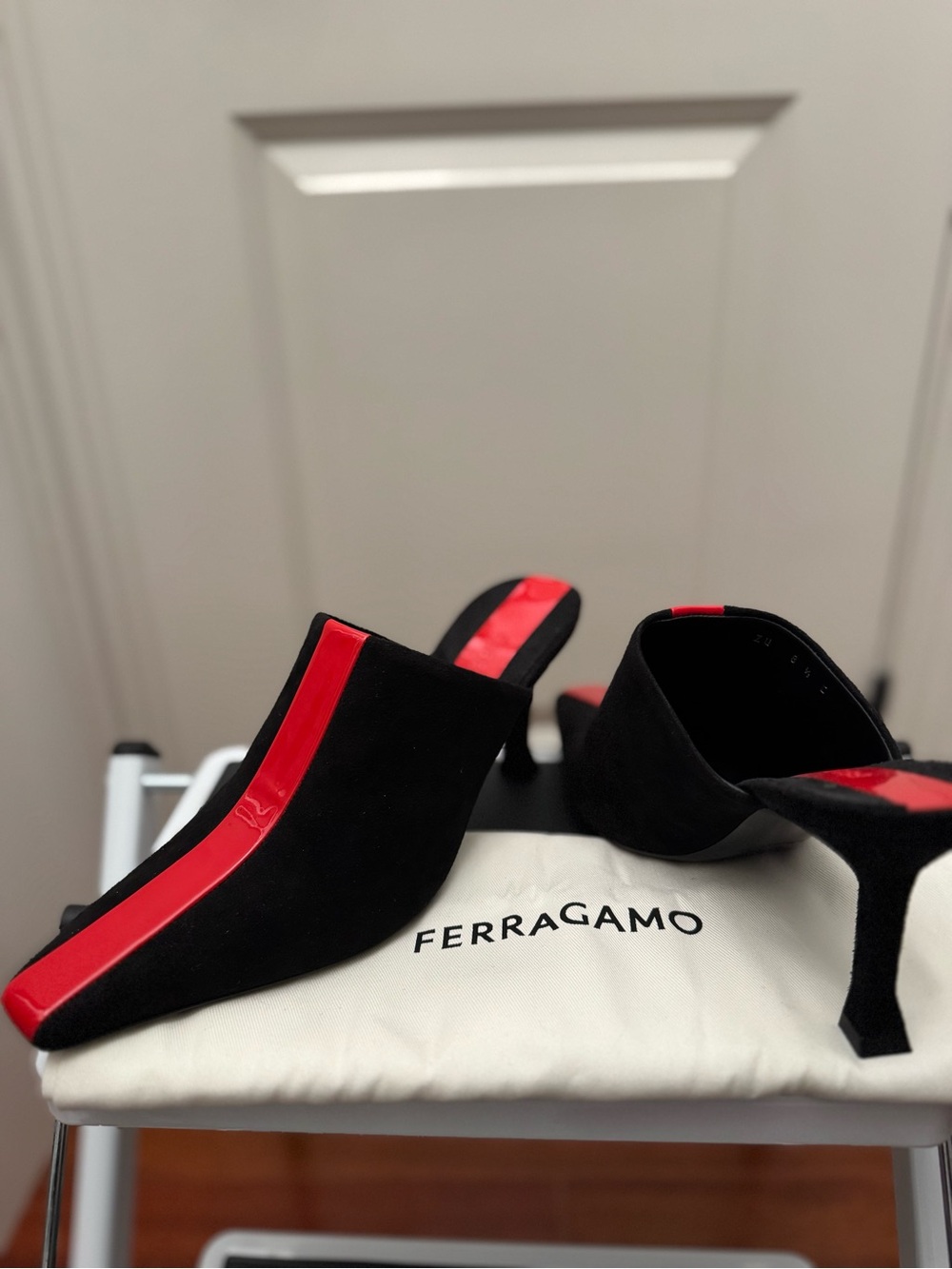 Salvatore Ferragamo Black Suede SOPHYE Mules with Red Stripe